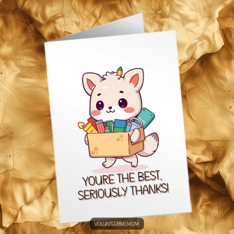 Funny Free Printable thank you card: A grateful animal character holds a box overflowing with colorful art supplies.