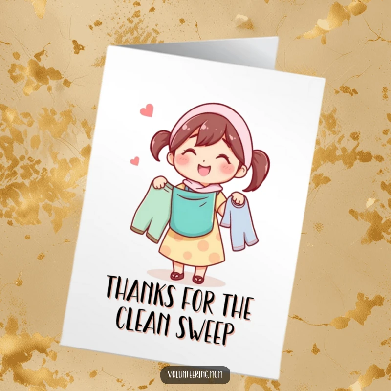 Funny Free Printable Thank You Card: A smiling mom carrying laundry, radiating gratitude and the joy of a clean home.