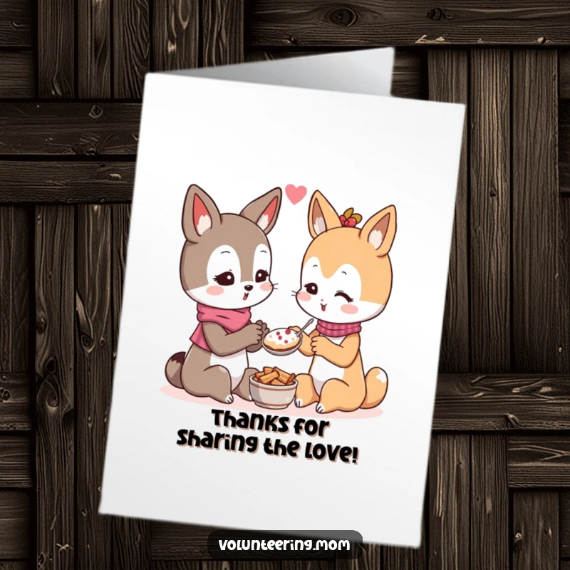 Free Printable Thank You Card depicting a caring Kawaii mom animal character generously sharing food with gratitude.