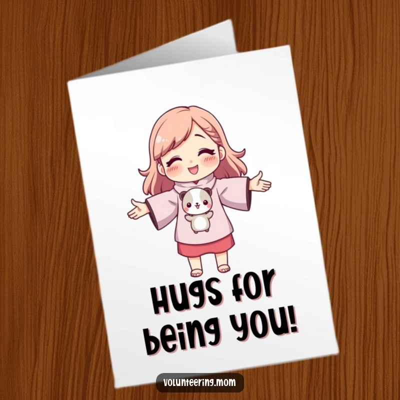Funny Free Printable Thank You Card featuring a mom character with open arms ready to hug a small animal. A sweet and humorous downloadable gift.