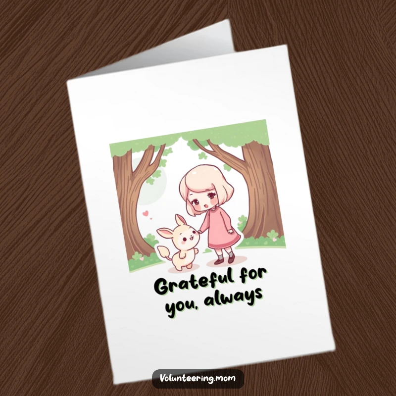 Funny Free Printable Thank You Card: A mom character with a kind expression giving a gentle nudge to a lost creature seeking help.