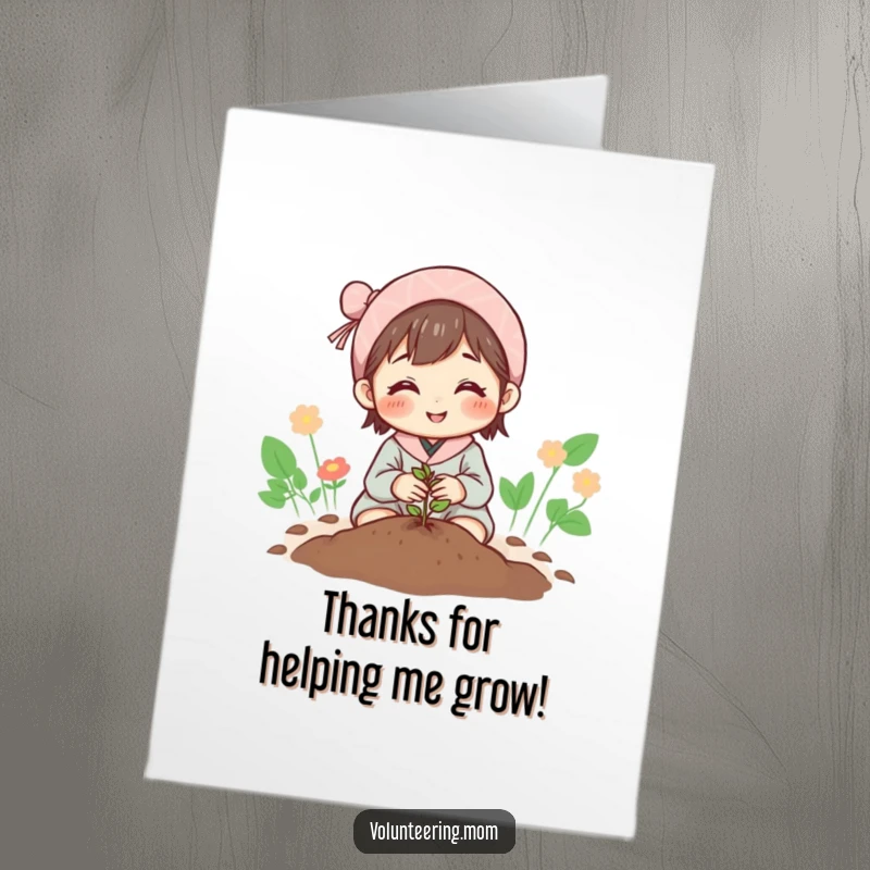 Free Printable Thank You Card: A smiling mom plants a tiny seed, symbolizing the growth of gratitude and thanks.