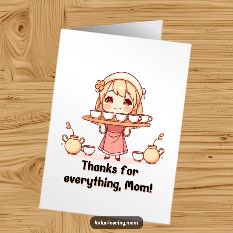Funny Free Printable Thank You Card: A mom character holds a tray of steaming cups, a visual representation of her constant care and warmth.