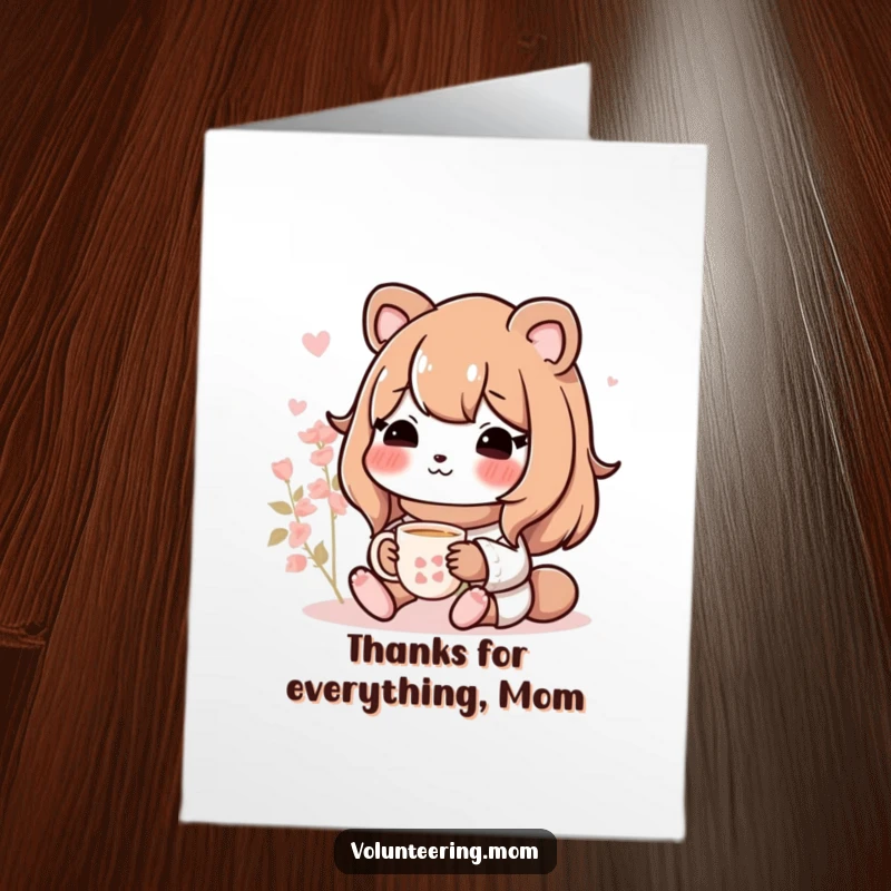Funny free printable thank you card with a mom animal peacefully sipping tea, expressing thanks.