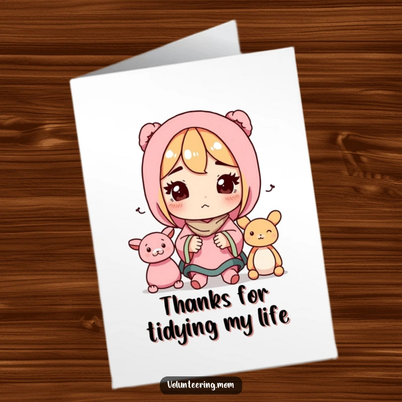Funny Free Printable Thank You Card: Mom efficiently organizing toys, expressing gratitude with a smile.