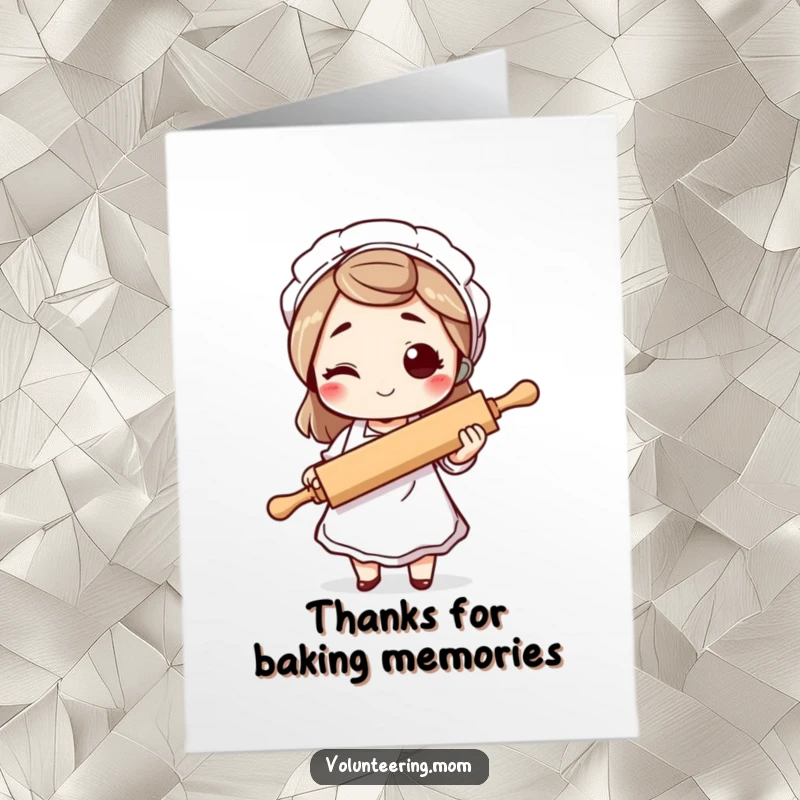Funny Free Printable Thank You Card: Mom character playfully winking, holding a rolling pin in her apron