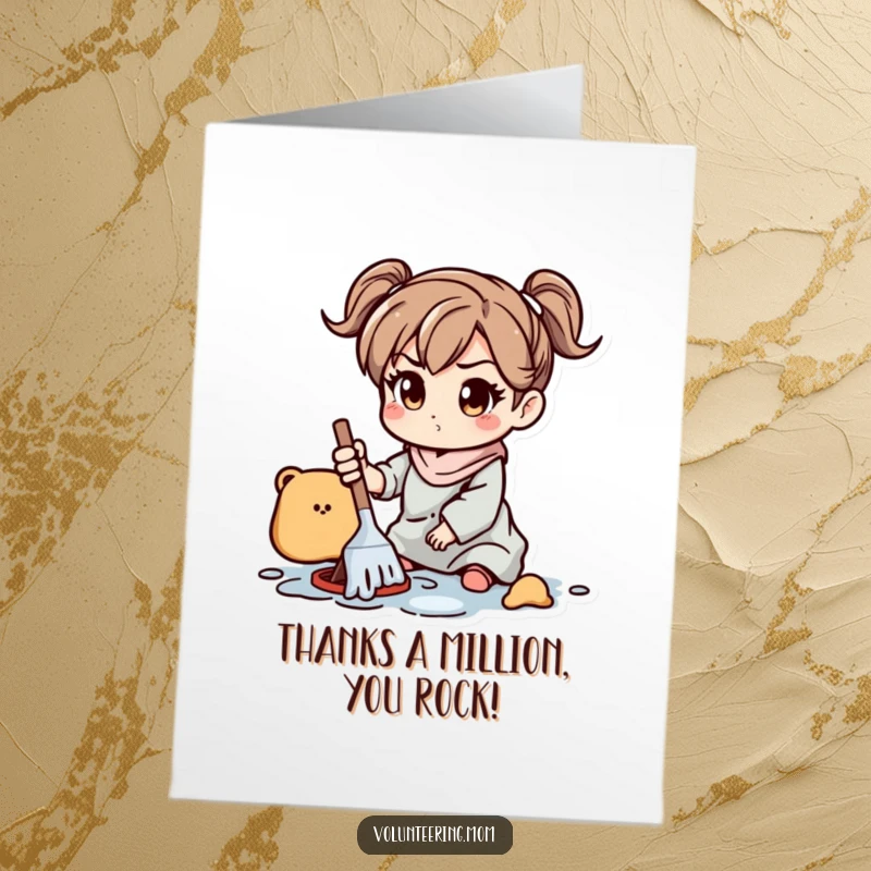 Funny Free Printable Thank You Card: A mom character with a determined gaze diligently cleaning a chaotic yet playful mess.