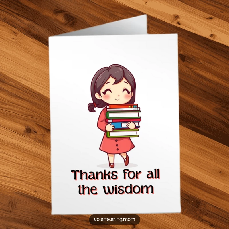 Funny Free Printable Thank You Card: Mom laden with books, humorously conveying thanks for a great deed.