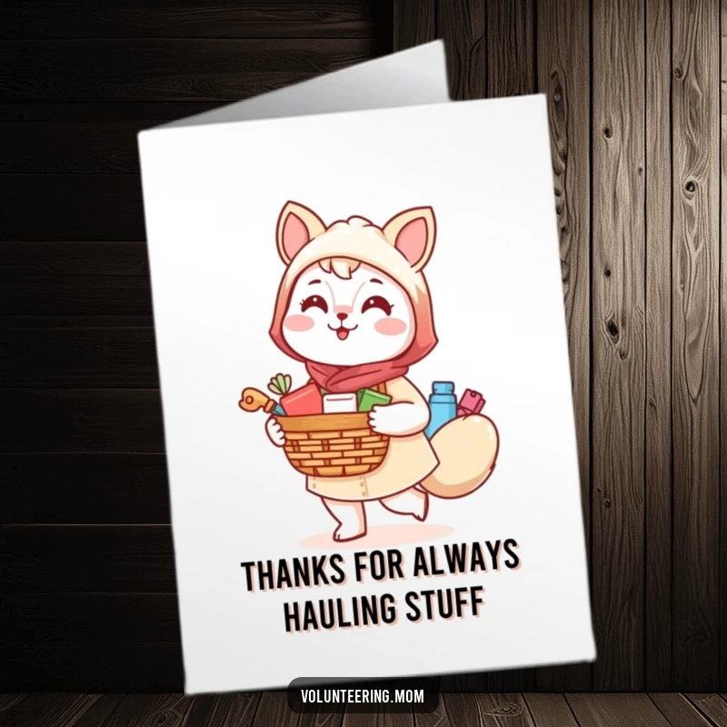 Funny Free Printable Thank You Card featuring a cheerful Kawaii mom animal with a basket, expressing heartfelt gratitude.