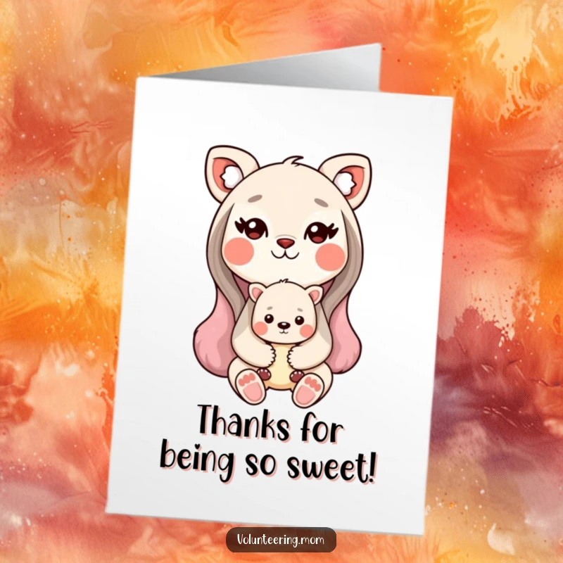 Funny Free Printable Kawaii Mom Animal Thank You Card: Sweet mom holding baby, conveying heartfelt thanks and love.