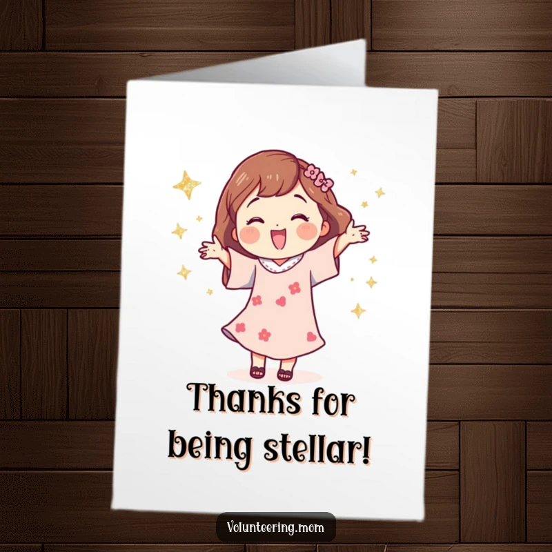 Funny Free Printable Thank You Card: Mom character in a jubilant dance, showered in glittery stars of appreciation.