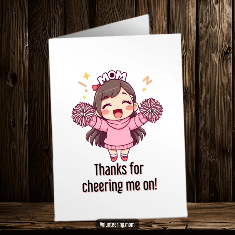 Funny Free Printable Thank You Card: Cute mom character enthusiastically cheering with colorful pom-poms in hand, spreading joy.