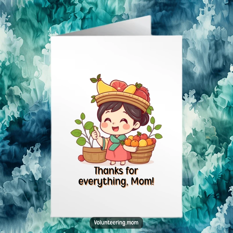 Funny Free Printable Thank You Card: Mom with a fruit basket on her head, beaming gratefully, offering a cheerful nod of thanks.