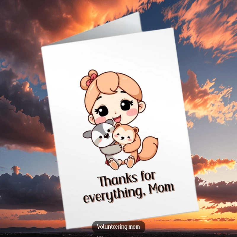 Cute free printable thank you card of a kawaii mom character with a loving smile holding a small baby animal. Gentle and sweet.