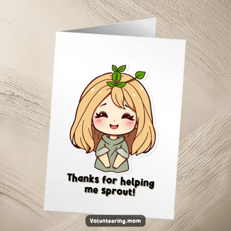 Funny Free Printable Thank You Card: Mom with a sprouting plant in her hair, offering a grateful and humorous thanks.