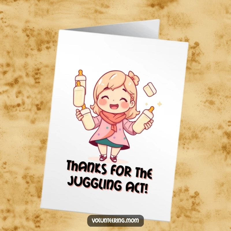 Funny Free Printable Thank You Card: Mom character smiling, juggling multiple baby bottles, expressing thanks for their hard work.