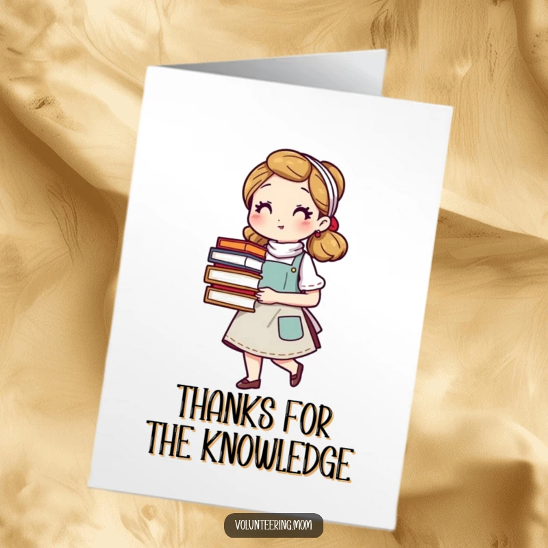 Funny Free Printable Thank You Card: A mom with an apron carries a stack of books, offering thanks.