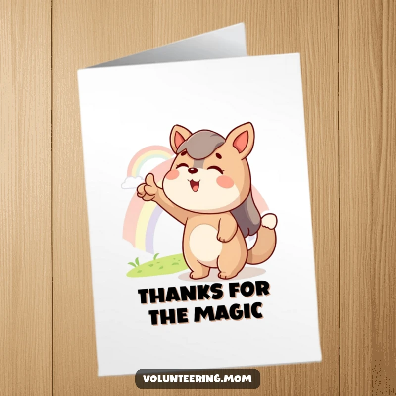 Funny Free Printable Thank You Card: A Mom animal excitedly pointing at a distant rainbow, conveying thanks and optimism.