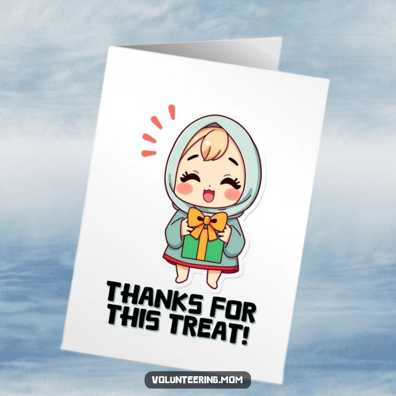 Funny Free Printable Thank You Card: Kawaii mom character with big joyful eyes, delighted by a presented gift.