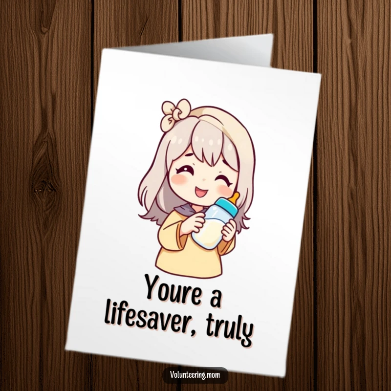 Funny Free Printable Thank You Card: Mom character smiling, offering a baby bottle as a token of thanks.