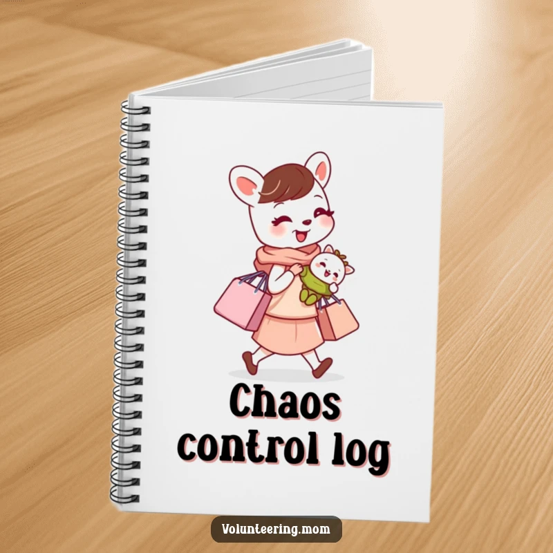 Funny notebook cover featuring a busy mom animal character with baby and shopping bag, designed for mom's notes.