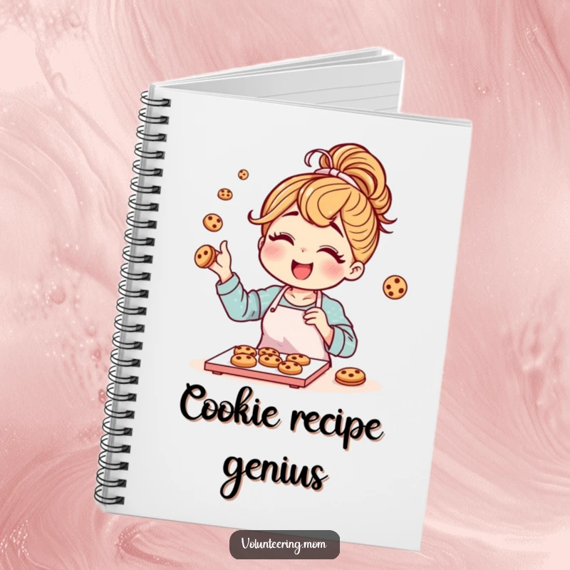 Funny mom character with a messy bun joyfully baking cookies, on the cover of a notebook.