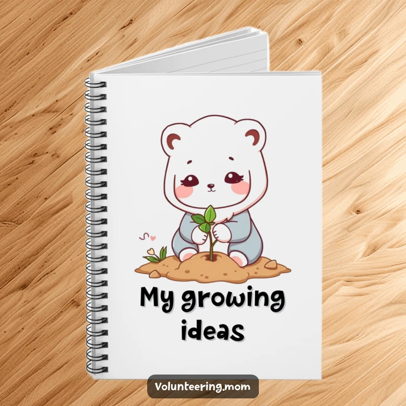 Funny Kawaii mom animal character notebook, showing the sweet character planting a tiny sapling, perfect for notes and inspiration.