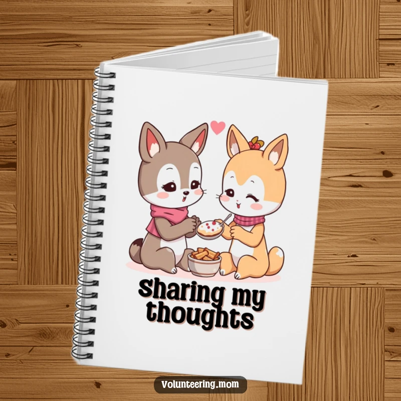 Funny Kawaii mom animal character notebook, showing the sweet character generously sharing food, perfect for notes and inspiration.