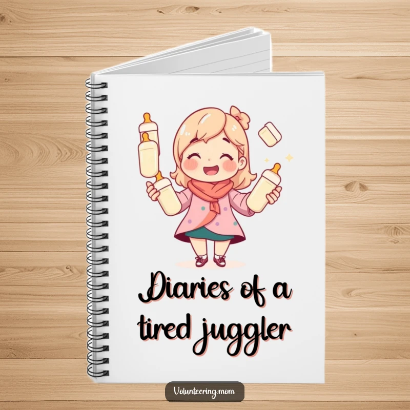 Funny mom notebook, with a smiling mom juggling baby bottles, perfect for notes and planning.