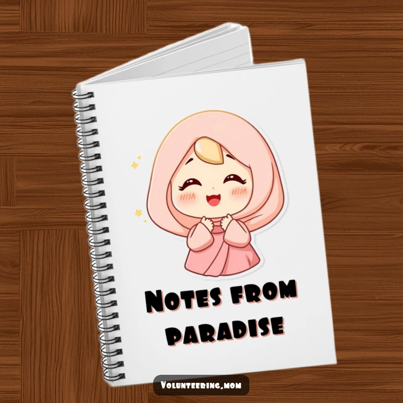 Funny Happy Mom Notebook with a woman sighing contentedly, surrounded by a soft light, ideal for notes.
