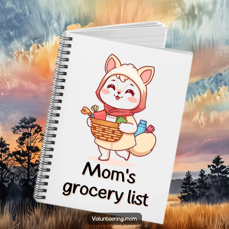 Funny Kawaii Mom Animal Notebook, a cheerful mom character with a basket, perfect for jotting down notes.