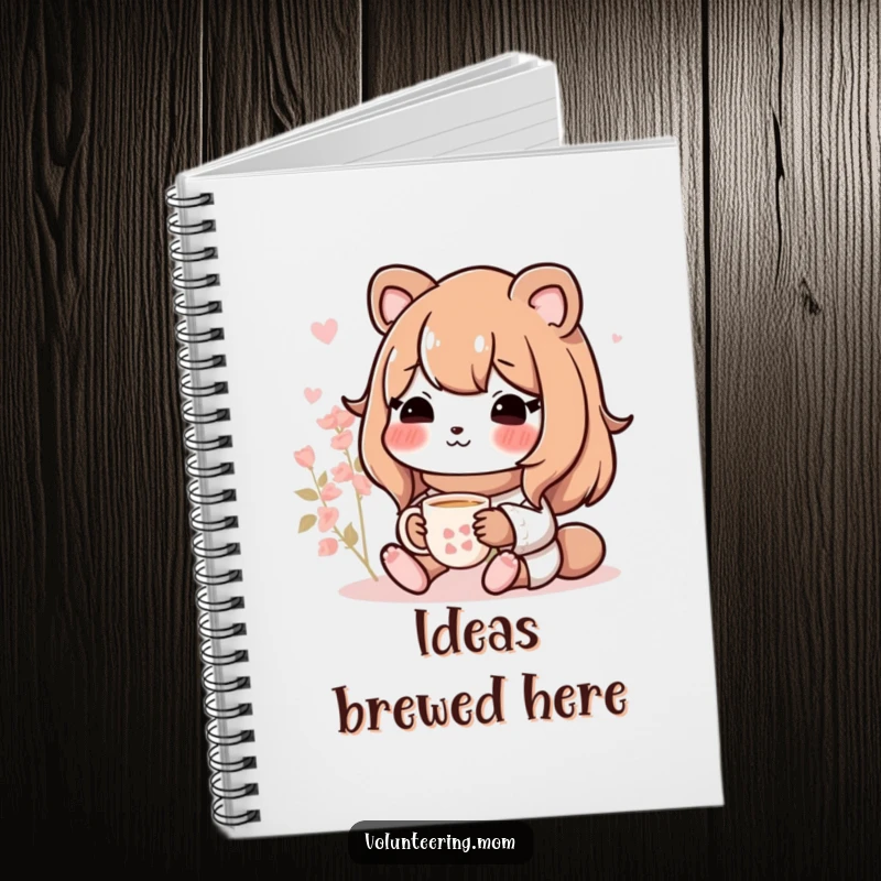 Funny Mom animal character with a notebook and pen, ready to jot down notes during a peaceful tea break, organized and cute.