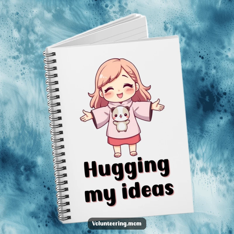 Funny mom character with outstretched arms hugging a small animal, cute lined notebook, loving journal, humorous stationery, gift.