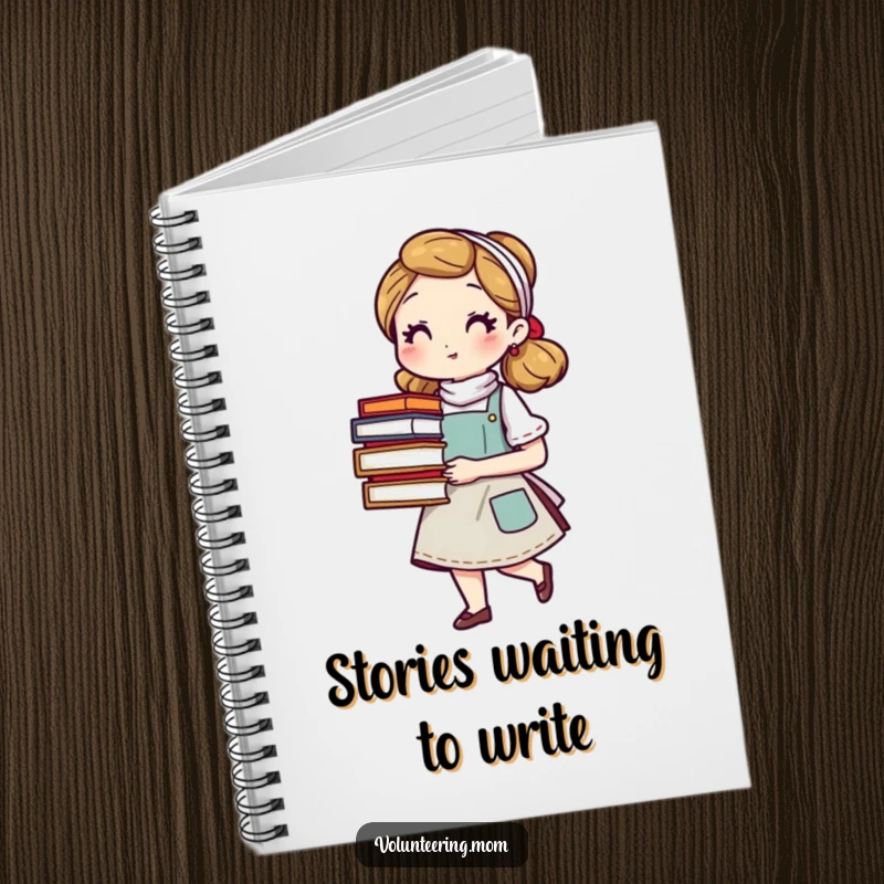 Funny mom notebook featuring a character in an apron holding books, perfect for journaling with a humorous tribute to literary moms, a funny gift.