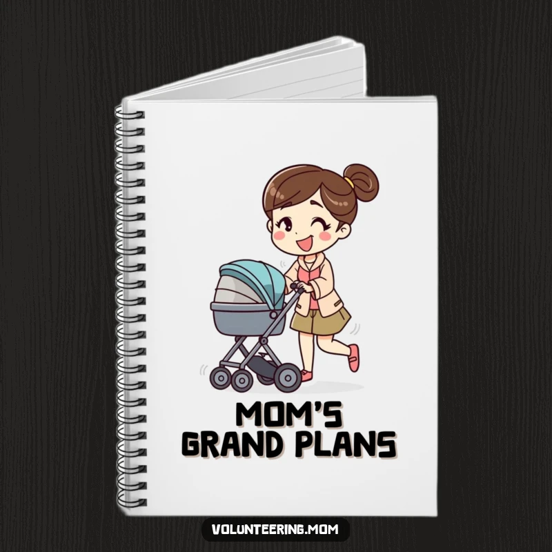 Funny notebook cover featuring a mom character energetically pushing a baby stroller with a smile, perfect for note-taking and daily planning.