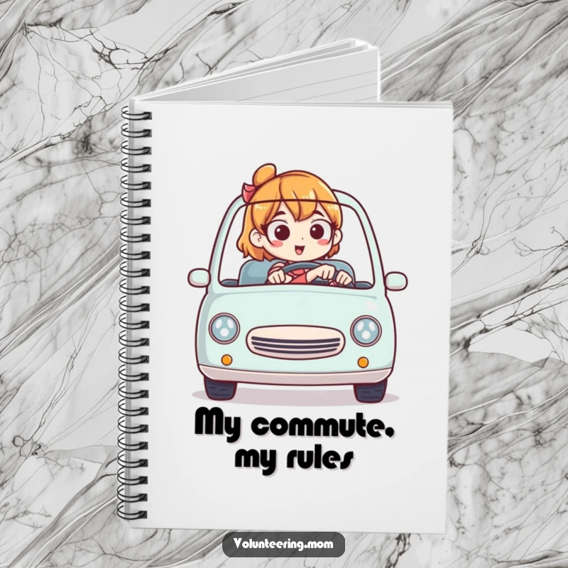 Funny notebook design featuring a mom expertly driving a tiny car, ideal for jotting down notes humorously.