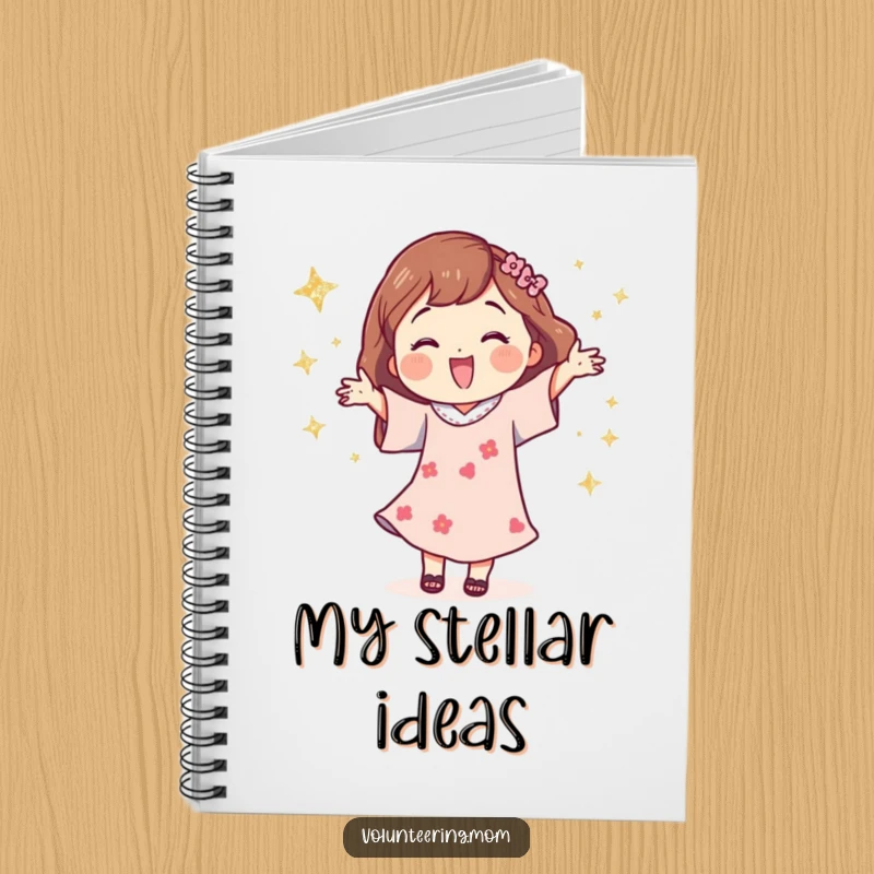 Funny notebook cover featuring a happy mom character dancing with sparkling glittery stars, encouraging joy.