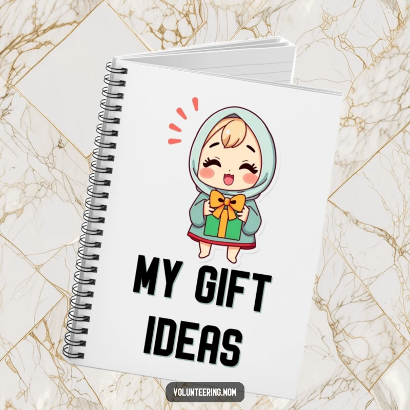 Funny notebook cover featuring a kawaii mom character with a joyful expression, ready to receive a gift.