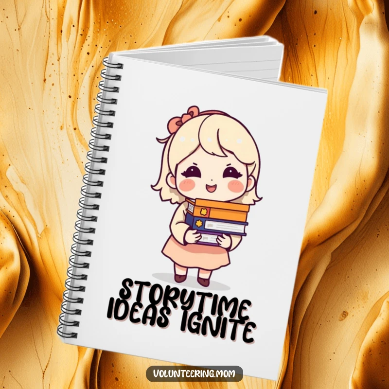 Funny notebook cover featuring a mom character with a knowing smile, surrounded by a stack of books.