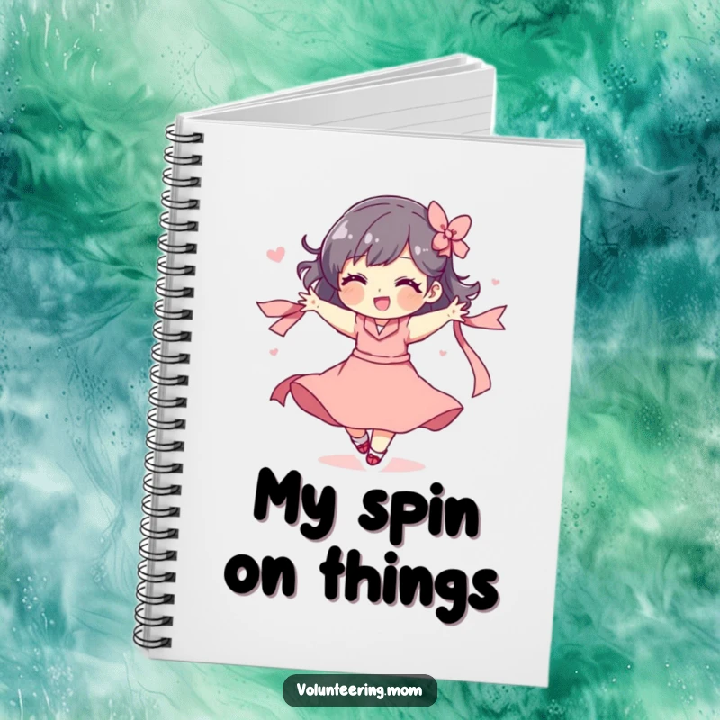 Funny notebook cover featuring a mom character in a playful spin with a ribbon, symbolizing joy and creativity.
