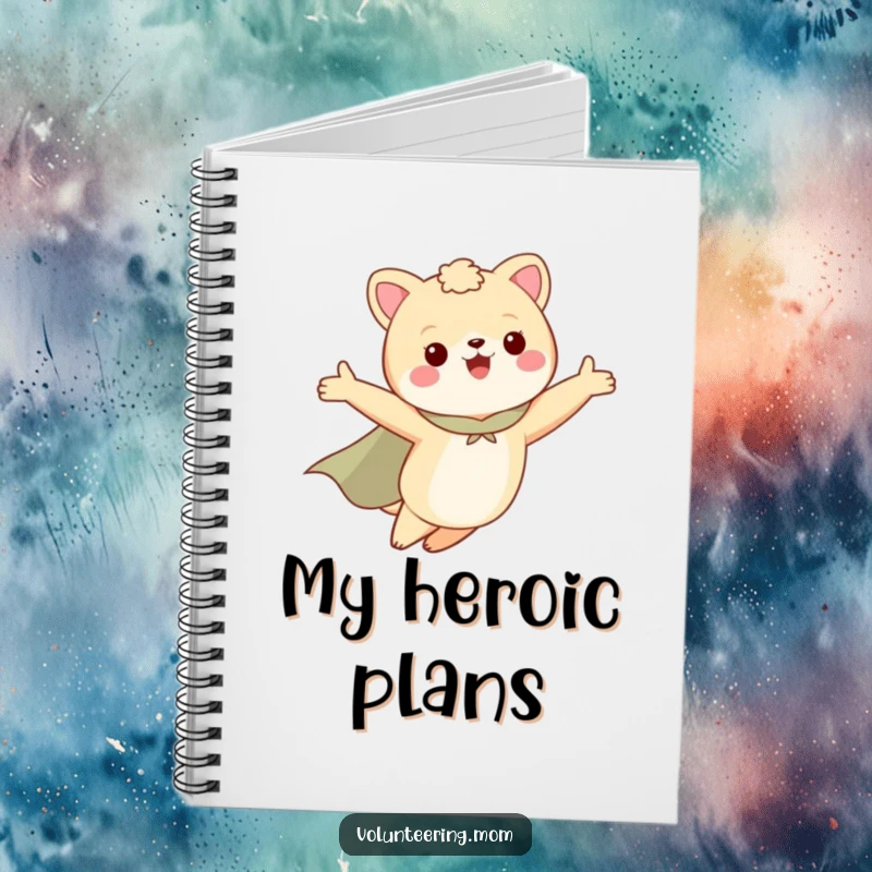 Funny notebook cover featuring a mom animal character in a cape, flying with arms outstretched, for all her plans.