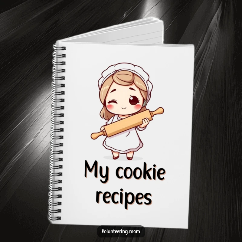 Funny mom notebook, a winking mom character with an apron and rolling pin, inspiring humorous recipe entries and kitchen notes.