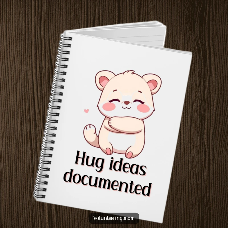 Funny Kawaii animal mom notebook depicting a character giving a big, warm hug, for journaling feelings.