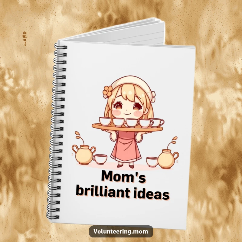 Funny notebook cover featuring a mom character balancing a tray of steaming cups, perfect for note-taking and daily planning.