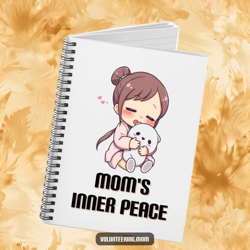 Funny Notebook: A lined notebook adorned with a drawing of a mom character hugging a stuffed animal, looking peacefully relieved.
