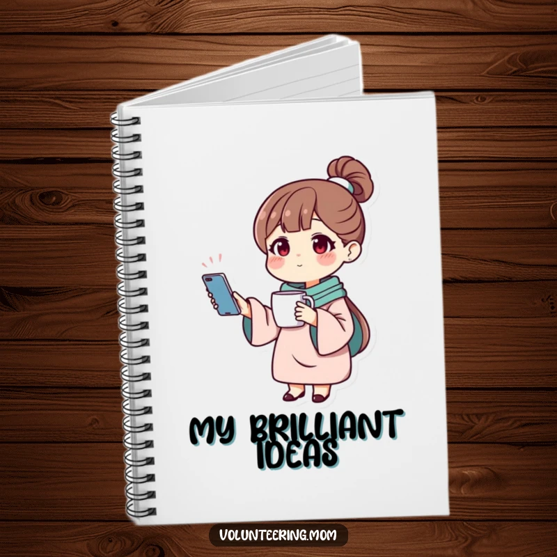 Funny notebook with a mom character balancing a phone and a mug, ready to help organize busy lives.