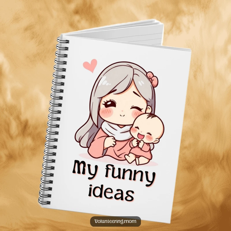 Funny notebook with a mom making a funny face to entertain a child, great for jotting down ideas.