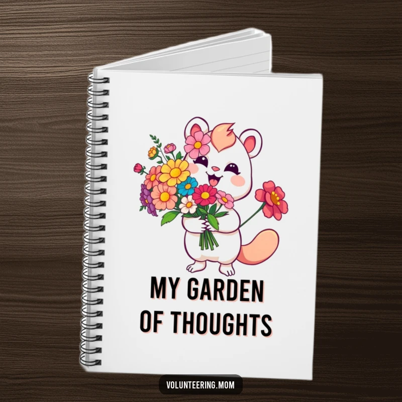 Funny Flower Notebook featuring a smiling whimsical creature holding a bouquet of vibrant flowers, perfect for journaling joy.