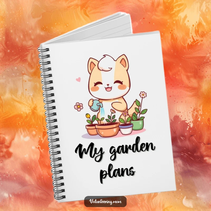 Kawaii mom anthropomorphic animal watering plants, cute lined notebook, gardening journal, humorous stationery, gift.