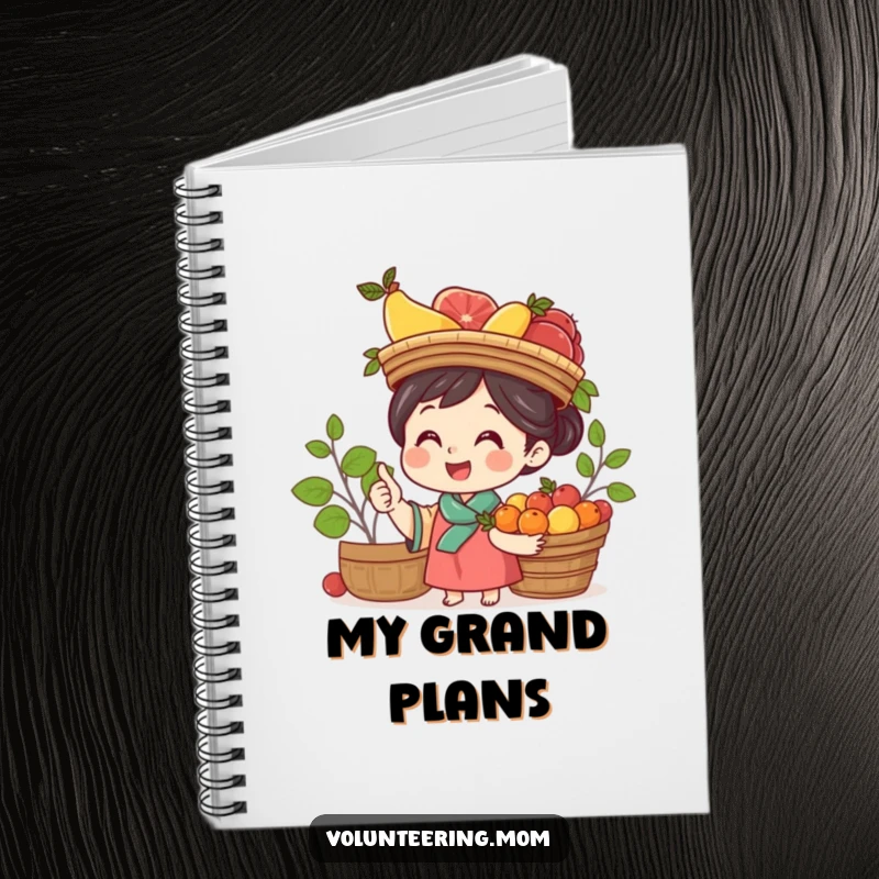 Funny Mom Notebook: Cheerful mom balancing a fruit basket on her head, perfect for jotting down funny thoughts.